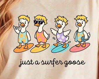 Imagem PNG engraçada de um ganso surfista, férias de verão na praia (download digital)