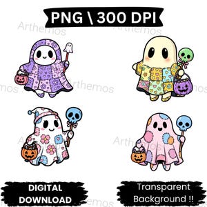 Pastel Patchwork Ghosts PNG Bundle: Whimsical Halloween Art (Digital Download)