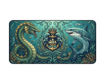 Alfombrilla de escritorio con diseño de serpiente marina y tiburón / Alfombrilla de ratón XXL para juegos Ocean Fantasy
