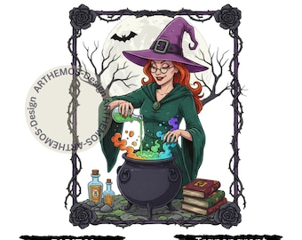 Elegant Witch Brewing Potion PNG: Halloween Art (Digital Download)