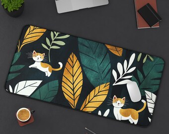 Alfombrilla de escritorio con diseño de gato botánico - Alfombrilla de ratón floral - Teclado grande extensible