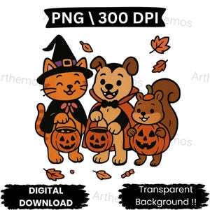 Halloween Animals PNG Clipart: Cat, Dog, Squirrel Trick or Treat (300 DPI)