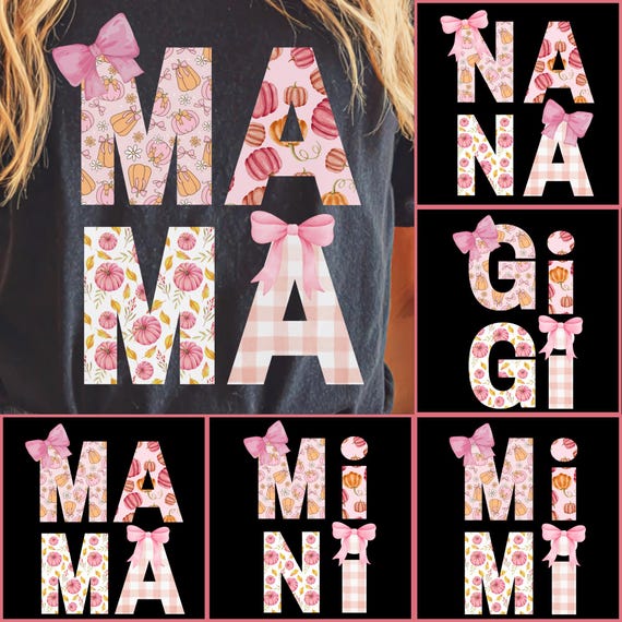 Coquette Pumpkin Mama Mimi Nana Gigi PNG Bundle, Pastel Fall Letters (Digital Download)
