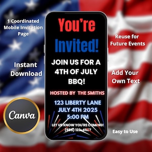 Editable July 4th Animated Invitation with Fireworks | USA Digital Independence Day BBQ Evite | Patriotic BBQ or Bonfire Party Video Invite