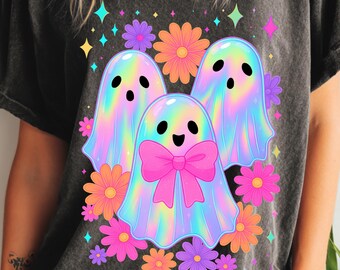 Iridescent Halloween Ghost PNG, Pastel Flower Design (Digital Download)