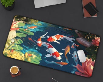 Alfombrilla de escritorio con diseño de estanque de peces koi, alfombrilla de ratón japonesa para juegos