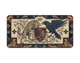 Alfombrilla de escritorio medieval con diseño de lobo y cuervo, tamaño XL y XXL, estilo gótico, de fantasía mítica