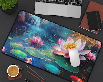 Alfombrilla de escritorio con diseño de estanque de peces koi y flor de loto japonesa