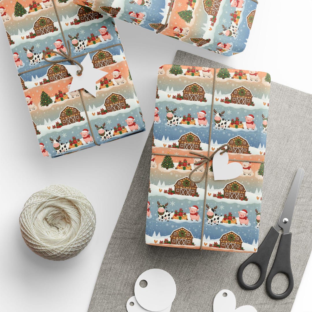 Charming Farm Christmas Wrapping Paper: Cute Animals, Snowy Barns ...