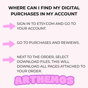 May include: A pink and white graphic with instructions on how to find digital purchases on Etsy. The text reads: "WHERE CAN I FIND MY DIGITAL PURCHASES IN MY ACCOUNT." Instructions include signing in, going to purchases, and downloading files. The word "ARTHEMOS" is at the bottom.