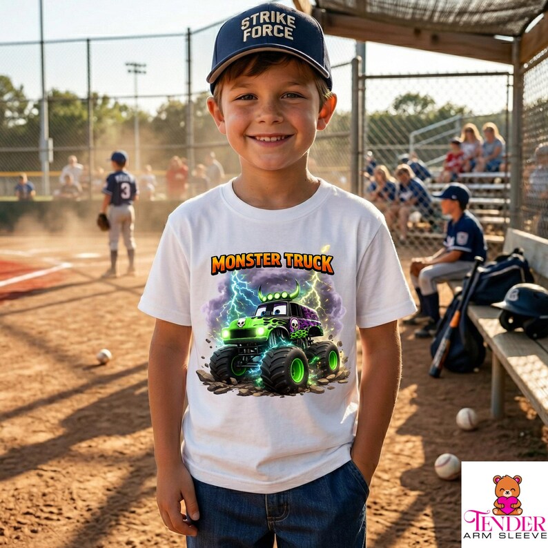 May include: A young person wearing a white t-shirt with a "Monster Truck" graphic. The graphic features a green and black monster truck with lightning bolts. The person is also wearing a navy blue baseball cap with "Strike Force" text.