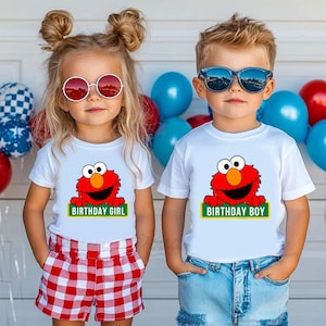 Gepersonaliseerde Elmo-verjaardagsshirt, aangepaste naam en leeftijd shirt met print op achterkant en voorkant, gepersonaliseerde verjaardagsoutfit, onesie feestshirt straatthema