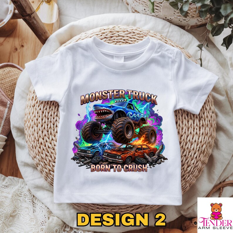 Megalodon Shark Monster Truck T-Shirt: Kids "Born to Crush" Graphic Tee, Monster Jam, Megalodon Shark, Grave Digger Monster Truck Lover Gift image 14