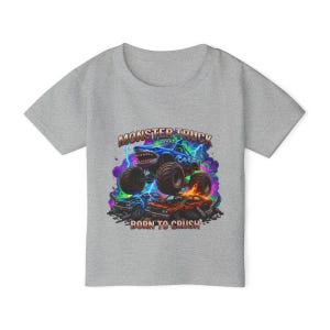 Megalodon Shark Monster Truck T-Shirt: Kids "Born to Crush" Graphic Tee, Monster Jam, Megalodon Shark, Grave Digger Monster Truck Lover Gift Sport Grey