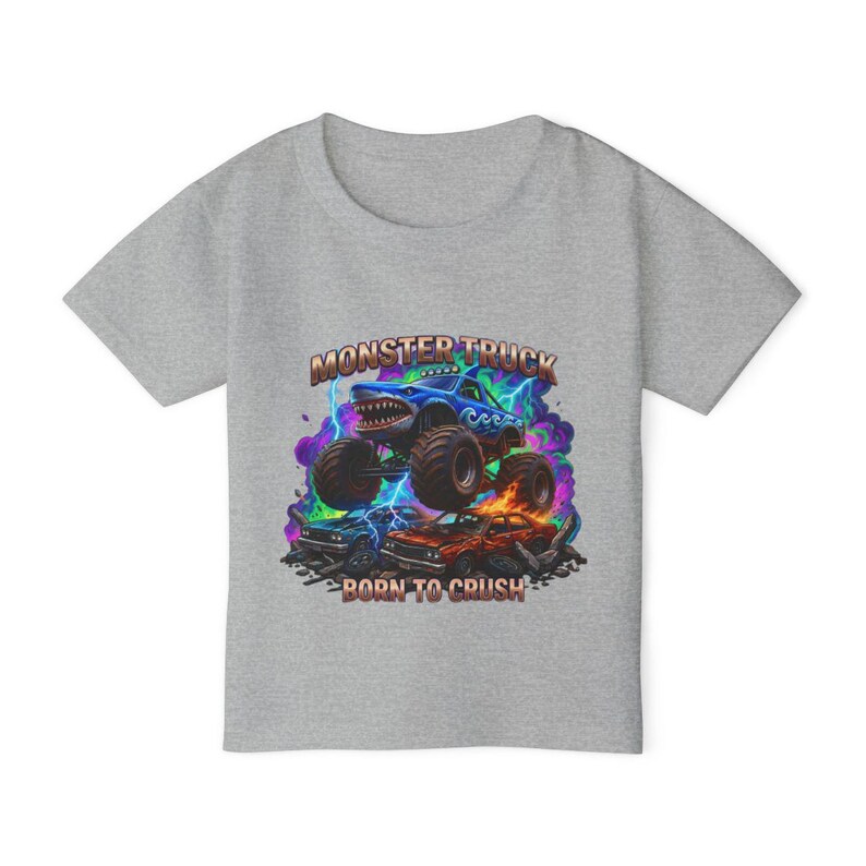 Megalodon Shark Monster Truck T-Shirt: Kids "Born to Crush" Graphic Tee, Monster Jam, Megalodon Shark, Grave Digger Monster Truck Lover Gift Sport Grey