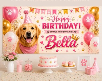 Personalized Dog Birthday Banner | Custom Pet Birthday Banner | Puppy Party Decorations | Dog Birthday Party Decor,Pawty,Custom Photo Banner