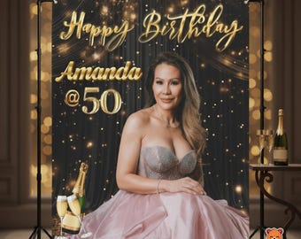 Anpassad fotofödelsedagsbanderoll för 70-års-, 60-års-, 50-års-, 40-års- och födelsedagsdekoration för kvinnor och män, personlig elegant festdekoration, anpassad svartguldbakgrund