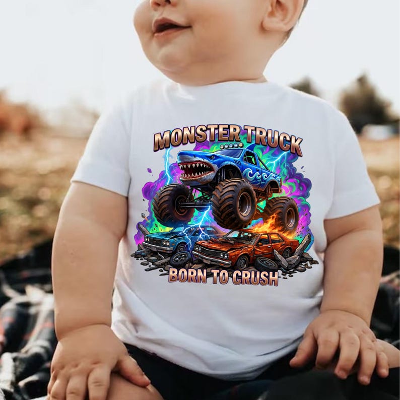 Megalodon Shark Monster Truck T-Shirt: Kids "Born to Crush" Graphic Tee, Monster Jam, Megalodon Shark, Grave Digger Monster Truck Lover Gift image 6