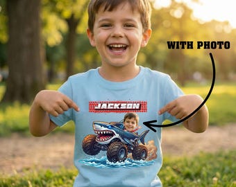 Personalized Shark Monster Truck Shirt, Custom Name Toddler Tee, Boys Graphic T-Shirt, Shark Birthday Gift, Kids Monster Truck Outfit