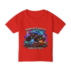 Megalodon Shark Monster Truck T-Shirt: Kids "Born to Crush" Graphic Tee, Monster Jam, Megalodon Shark, Grave Digger Monster Truck Lover Gift Red