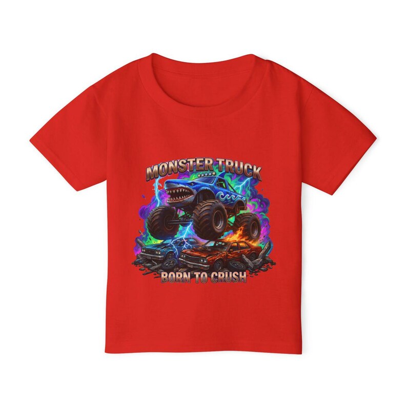 Megalodon Shark Monster Truck T-Shirt: Kids "Born to Crush" Graphic Tee, Monster Jam, Megalodon Shark, Grave Digger Monster Truck Lover Gift Red