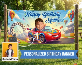 Banner de cumpleaños de coches personalizados, decoración para fiesta de pilotos de F1