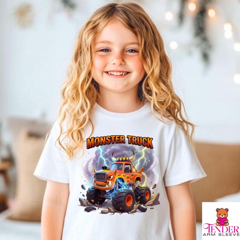 Puede incluir: Camiseta blanca con un gr&aacute;fico colorido de un monster truck con llamas, cuernos y rayos. El texto "MONSTER TRUCK" se muestra encima del cami&oacute;n. La camiseta la lleva una ni&ntilde;a.