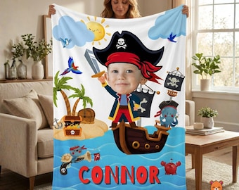 Personalisierte Piratenschiff Foto Decke mit Namen, individuelle Samtdecke | Kinder Name Decke, individuelles Foto Geschenk