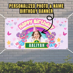 Personalisierte Abby Cadaby Elmo Sesame Street Geburtstagsbanner, Name und Foto Party Decor, personalisierte Kindergeburtstag Dekorationen