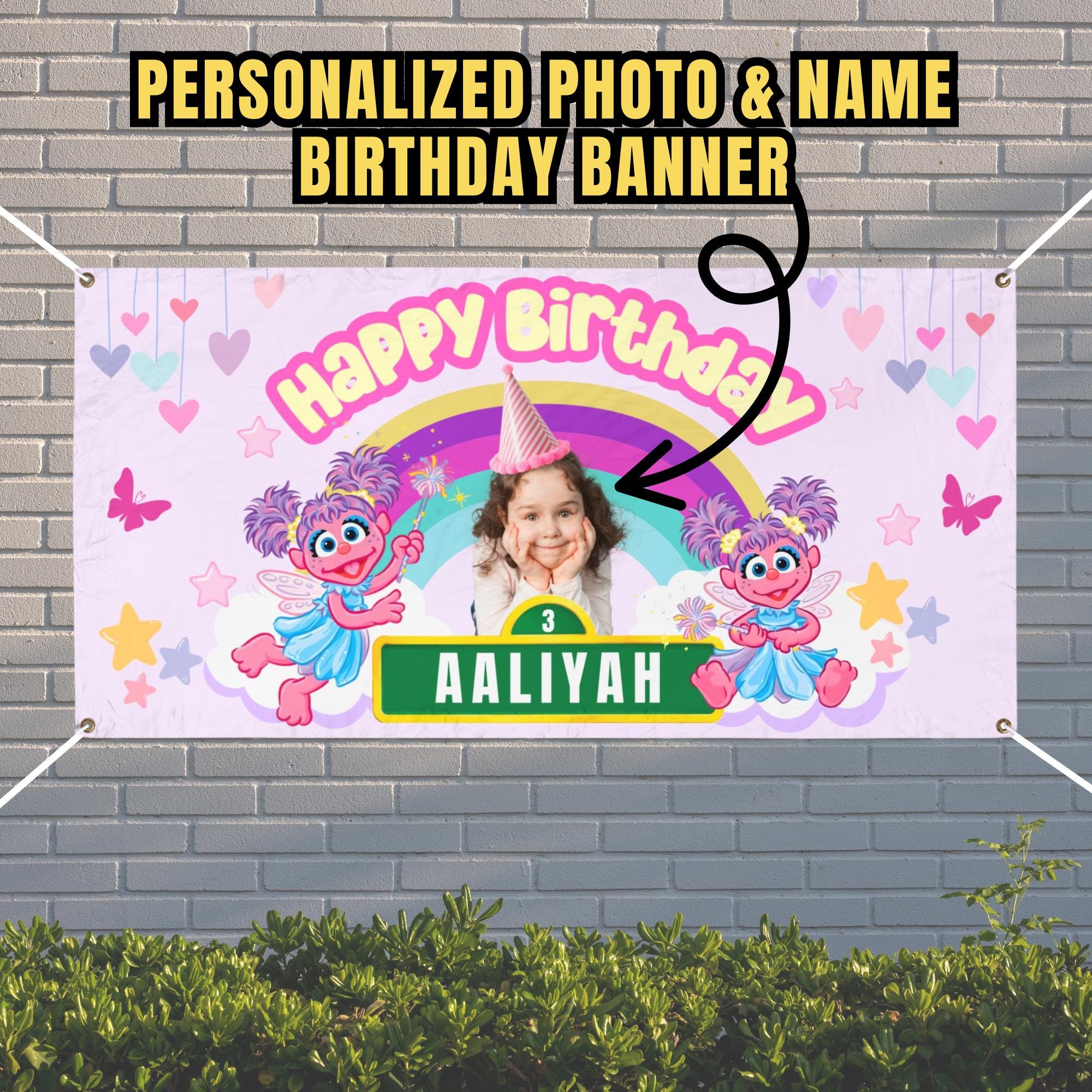 Personalized Abby Caddaby Elmo Sesame Street Birthday Banner, Custom Name and Photo Party Decor, Personalized Kids Birthday Decorations
