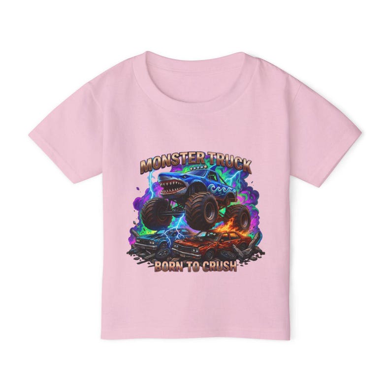 Megalodon Shark Monster Truck T-Shirt: Kids "Born to Crush" Graphic Tee, Monster Jam, Megalodon Shark, Grave Digger Monster Truck Lover Gift Light Pink
