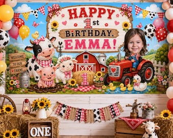 Personalized Farm Birthday Banner with Photo, Tractor Birthday Banner, Farm Animal Party Decorations, Barnyard First Birthday Backdrop
