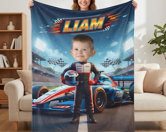 Manta polar personalizada con nombre de piloto de carreras, manta personalizada para habitación infantil con temática de carreras de velocidad, regalo para pequeños pilotos, manta personalizada para niño y niña.
