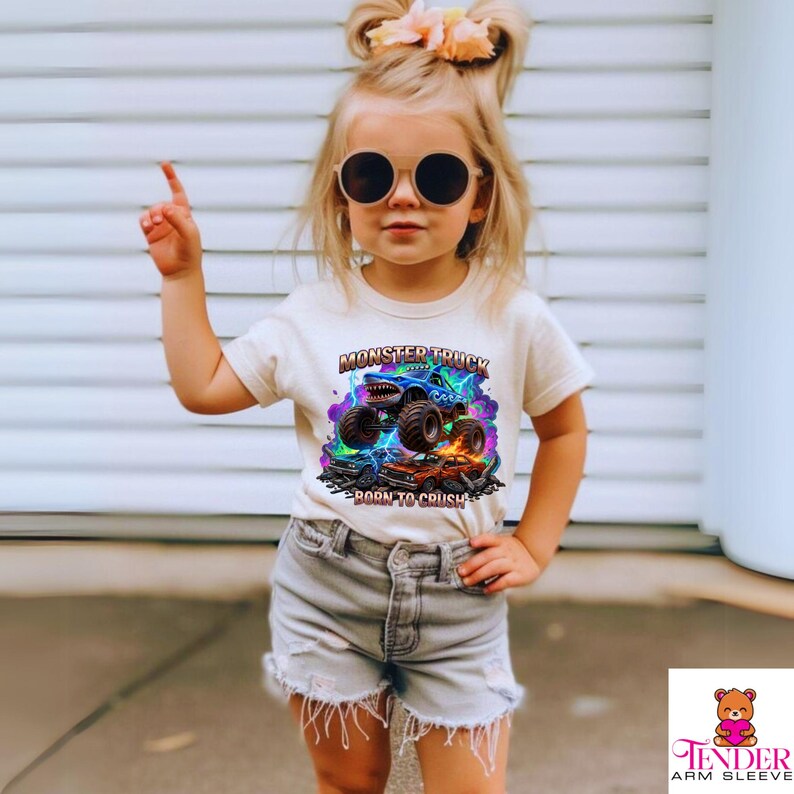 Megalodon Shark Monster Truck T-Shirt: Kids "Born to Crush" Graphic Tee, Monster Jam, Megalodon Shark, Grave Digger Monster Truck Lover Gift image 4