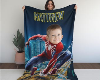 Superhero Kids Blanket, Custom Name & Photo, Spiderman Personalized Plush Blanket, Fun Gift for Boys, Photo Blanket for Kids, Cute Superhero