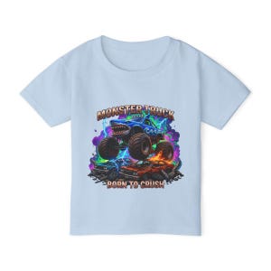 Megalodon Shark Monster Truck T-Shirt: Kids "Born to Crush" Graphic Tee, Monster Jam, Megalodon Shark, Grave Digger Monster Truck Lover Gift Light Blue