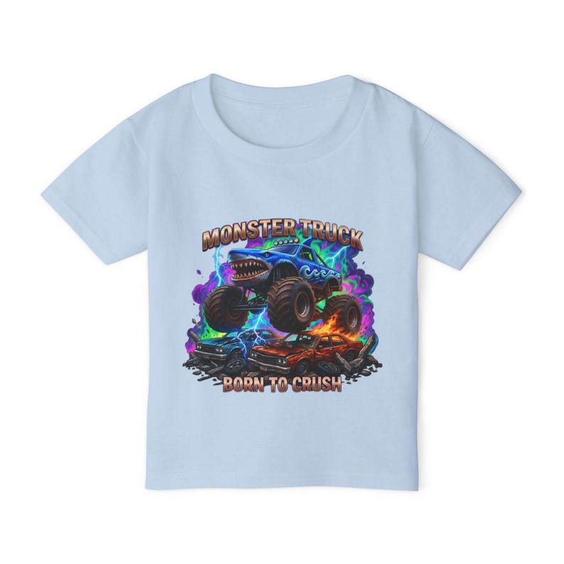 Megalodon Shark Monster Truck T-Shirt: Kids "Born to Crush" Graphic Tee, Monster Jam, Megalodon Shark, Grave Digger Monster Truck Lover Gift Light Blue