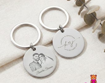 Engraved Wedding Photo Keychain, Stainless Steel Portrait Keyring, Personalized Keepsake, Pet Photo Gift, Couple Photo Gift