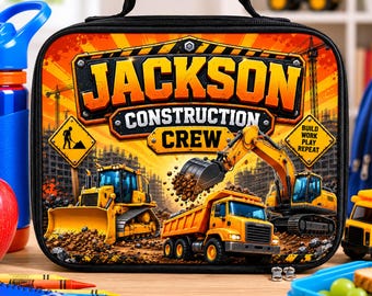 Bolsa de almuerzo personalizada con diseño de construcción, lonchera infantil personalizada con nombre, bolsa de almuerzo con diseño de excavadora, bulldozer y camión volquete, regalo de regreso a clases para niños.