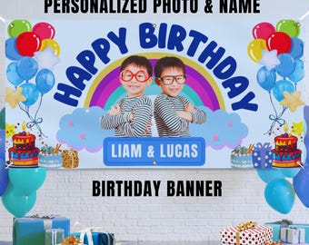 Personalized Twin Boy Birthday Banner, Custom Name and Photo Party Decor, Kids Birthday Decorations, Personalized Banner, Theme Party Banner
