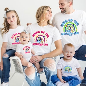 Personalized Bluey Birthday Matching Family T-Shirt Set, Pink Blue Dog Shirt, Dada Shirt, Mama Shirt, Baby Shirt, Custom Name T-shirt