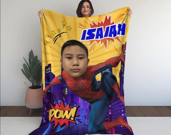 Personalized Spiderman Photo and Name Blanket, Superhero Velveteen Blanket for Kids, Cozy Throw, Bedtime Comfort, Custom Name Blanket