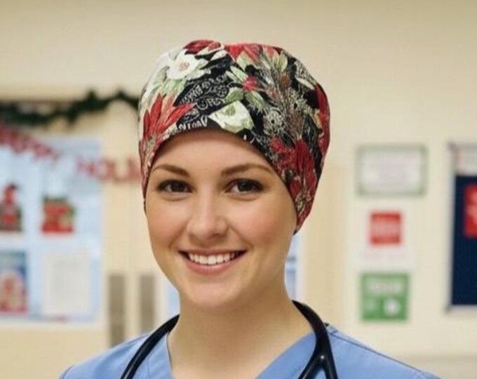 Christmas Print Surgical Scrub Cap Nurse Hat Cotton Material Medical Headwear Holiday Design Nurse Accessory Hospital Uniform Adjustable Fit