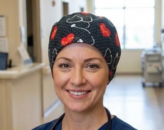 Surgical Scrub Cap Nurse OR Hat Hearts and Stethoscopes Print