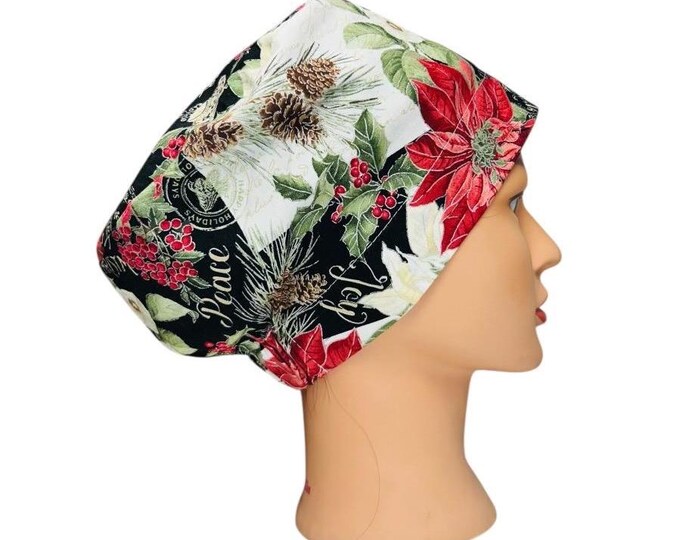 Christmas Print Poinsettias Surgical Scrub Cap Operating Room Hat for Nurse Gift
