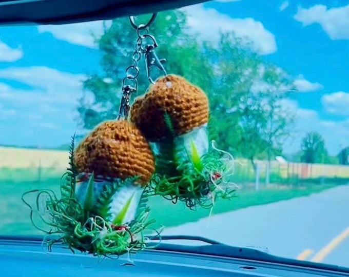 Handmade Crochet Mushroom Car Mirror Charm – Brown and White, Set of 2