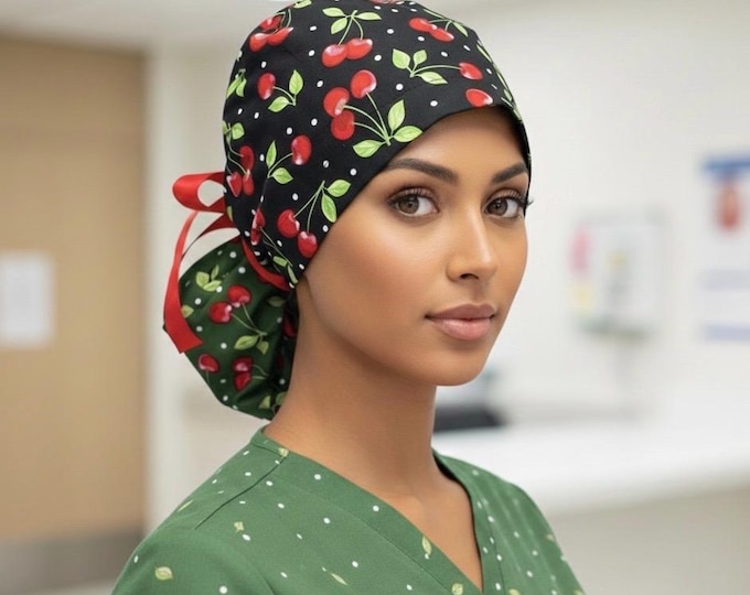 Surgical Scrub Cap with Ponytail Nurse Uniform Hat for Operating Room - Black with Red Cherries Print