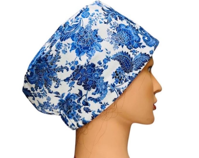 Blue Chinoiserie Surgical Scrub Cap Cotton Nurse Head Cover Medical Staff OR Wear  Nurse Hat