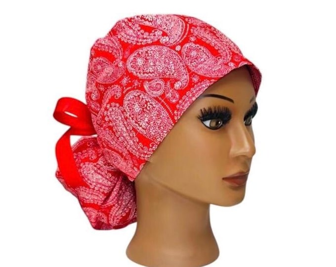 Red Paisley Print Surgical Scrub Cap with Ponytail Nurse Uniform Hat for Operating Room