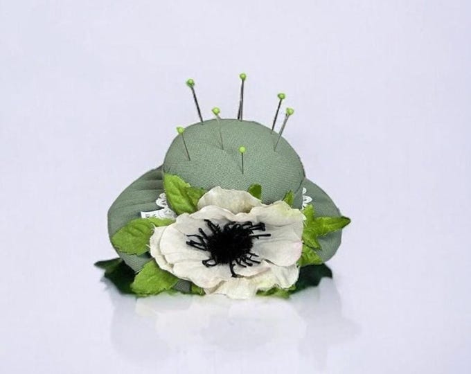 Sage Green Floral Pincushion - Handmade Hat Design Needle Holder